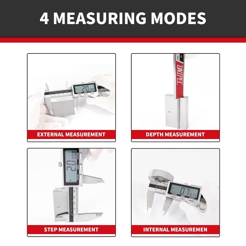 UNIPEC 6" / 150 mm Stainless Steel Digital Caliper (IP54) & Stainless Steel Rule Set, Inch/Millimeter/Fraction Conversion, Splash-Proof Protection with Large LCD Display – Precision Measuring Tools - Image 4